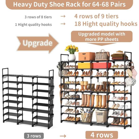 Large Shoe Rack Organizer Closet 64-68 pairs 9-Tier Heavy Duty Tall Shoe Shelf - Picture 4 of 6
